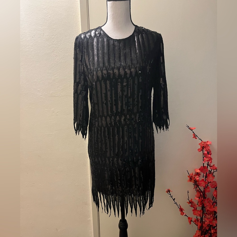 Black Long-Sleeve Beaded Fringe Cocktail Dress